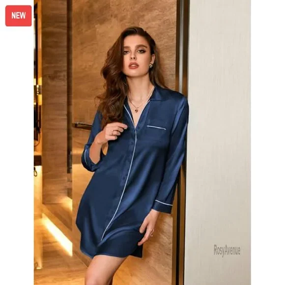 Satin Button Down Nightgown Long Sleeve Boyfriend Sleep Shirt S-3XL